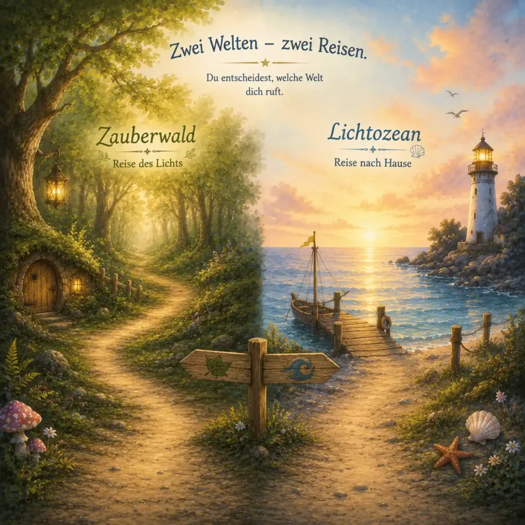 Ein Weg führt zu zwei unterschiedlichen Abenteuerwelten: dem Zauberwald und dem Lichtozean.