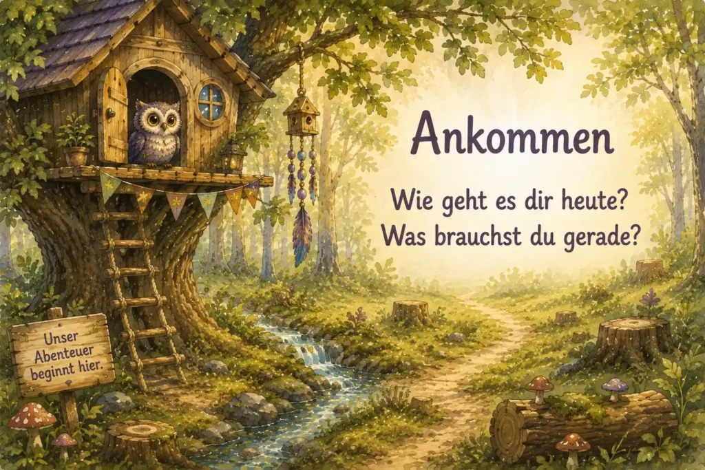 Baumhaus im Wald mit Eule als ruhiger Ort zum Ankommen vor dem Beginn des Abenteuers.