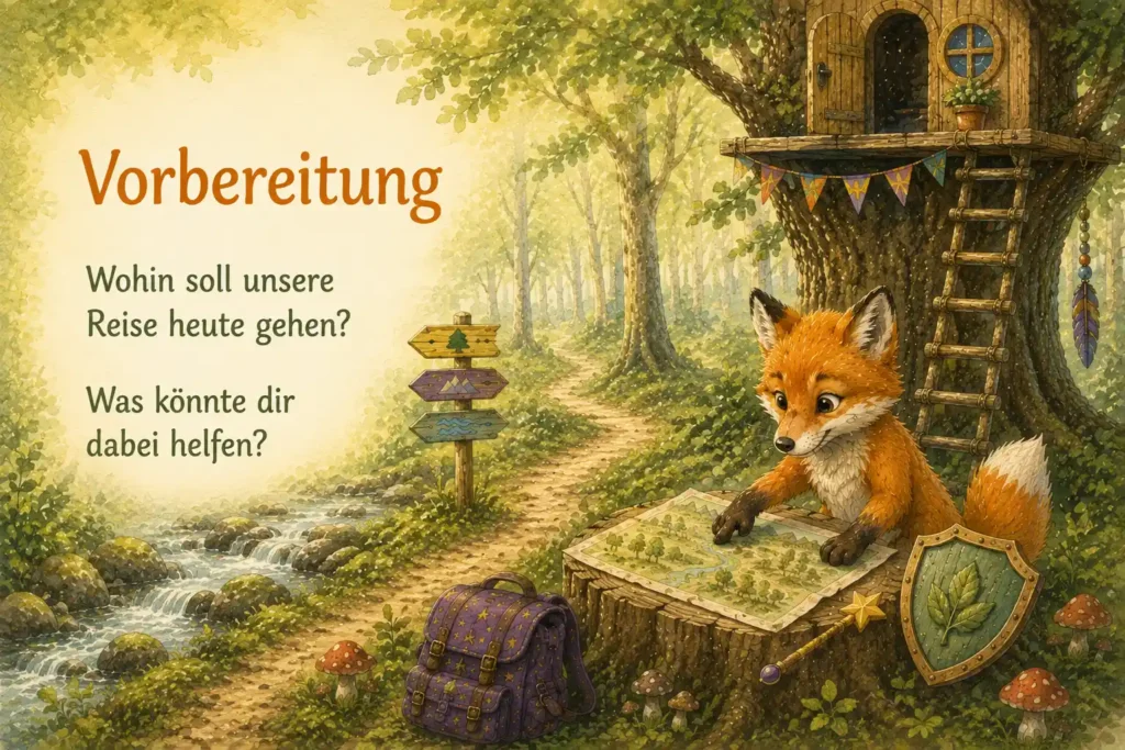 Ein Fuchs plant mit einer Landkarte das nächste Abenteuer und wählt gemeinsam mit dem Kind die passende Ausrüstung aus.