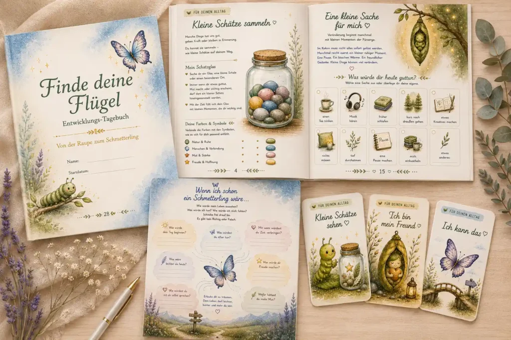Entwicklungstagebuch, Impulskarten und Arbeitsseiten begleiten den Weg von der Raupe zum Schmetterling.