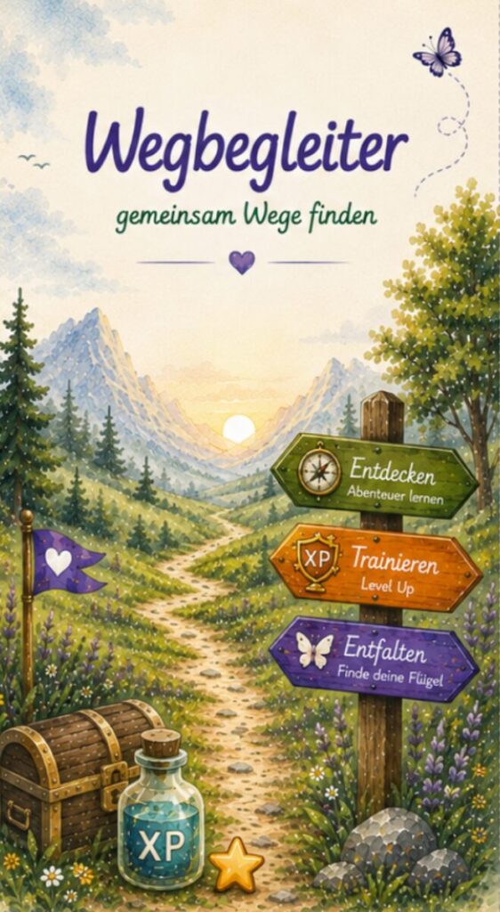 Eine Weggabelung mit Wegweisern zu den drei Wegbegleiter-Angeboten lädt dazu ein, den eigenen Weg zu entdecken und gemeinsam neue Möglichkeiten zu finden.