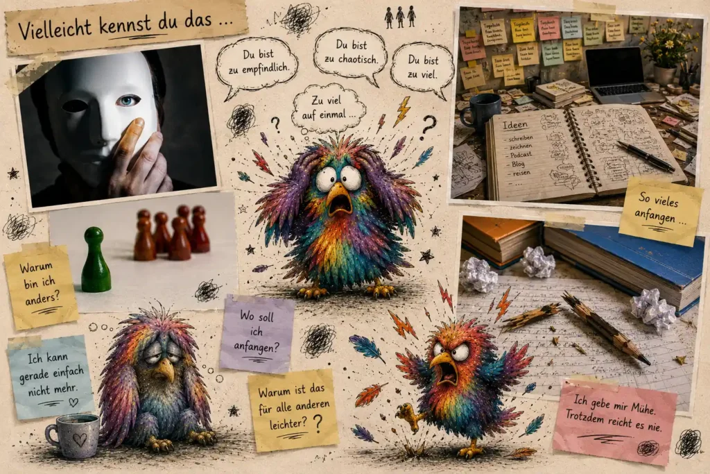 Eine Collage zeigt Überforderung, Selbstzweifel und das Gefühl, anders zu sein. Flix steht im Mittelpunkt und erlebt Chaos, Erschöpfung und Frust. Die Bilder greifen typische Gedanken und Herausforderungen auf, mit denen Menschen ihren Weg zu Wegbegleiter finden.