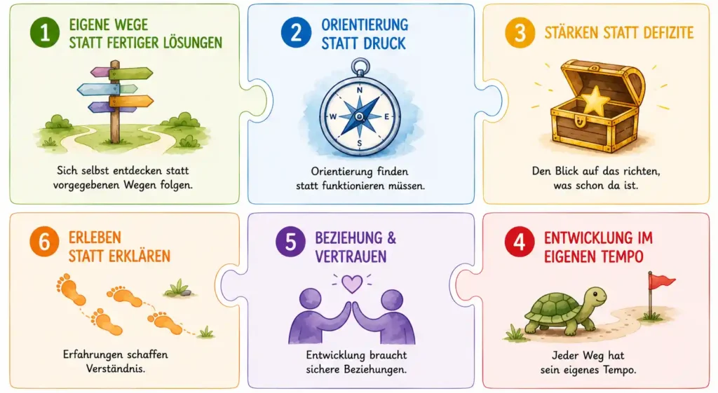 Die Grafik zeigt die sechs Grundprinzipien von Wegbegleiter: eigene Wege, Orientierung, Stärken, Entwicklung im eigenen Tempo, Beziehung und Vertrauen sowie Lernen durch Erleben.