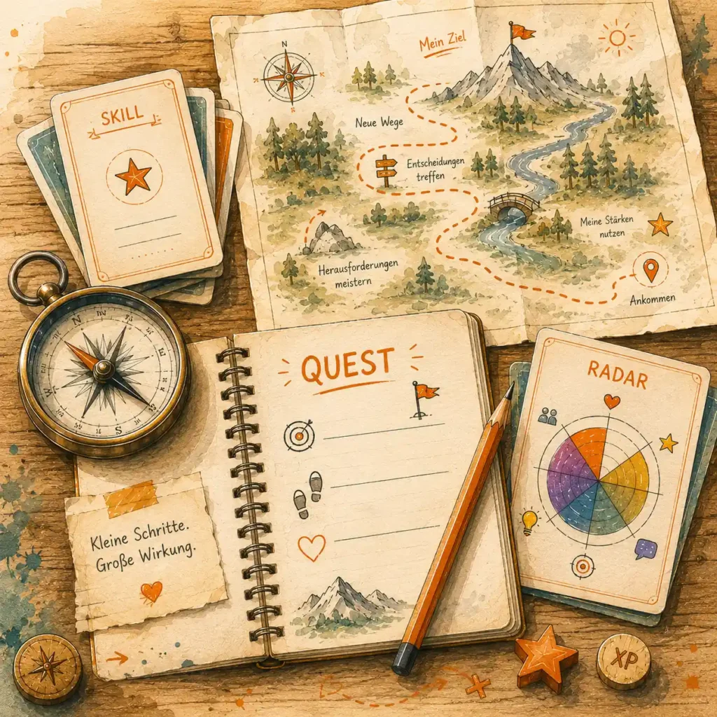 Materialien aus „Level up“ zeigen den Weg vom Skill-Check über Quests bis zum persönlichen Ziel.