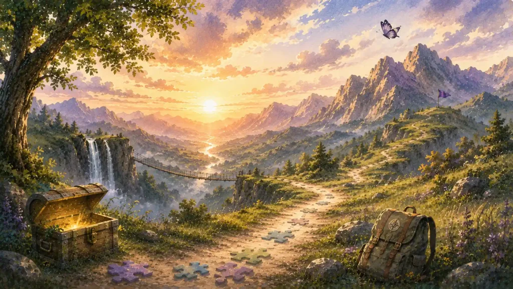 Ein Weg führt durch eine weite Landschaft und steht für den eigenen Entwicklungsweg mit kleinen Schritten, neuen Möglichkeiten und persönlichen Schätzen.
Etwas kürzer