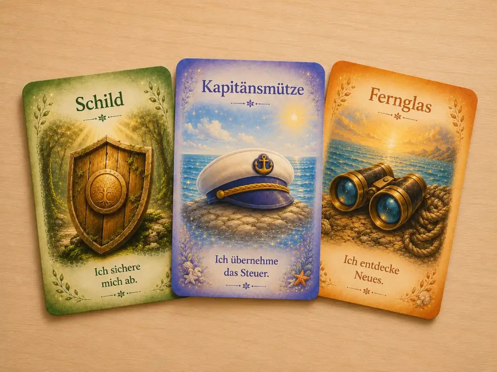 Strategiekarten mit Schild, Kapitänsmütze und Fernglas als Symbole für Sicherheit, Entscheidung und Neugier.