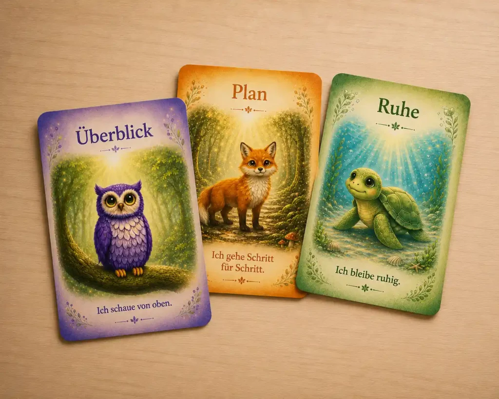 Strategiekarten mit Eule, Fuchs und Schildkröte als tierische Begleiter für Überblick, Planung und Ruhe.