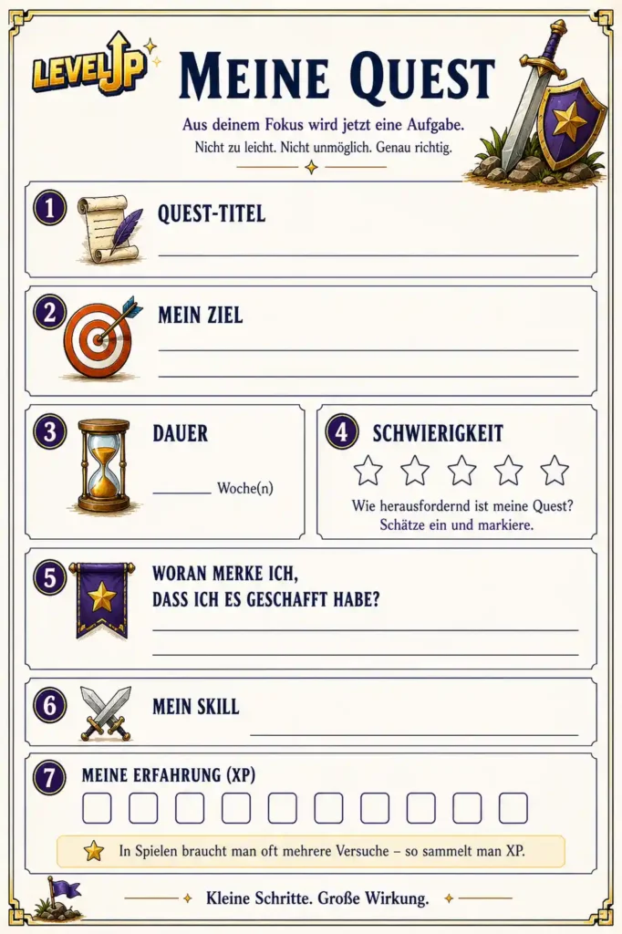 Der Questbogen hilft dabei, ein persönliches Ziel festzulegen, Fortschritte festzuhalten und Erfahrungen zu sammeln.