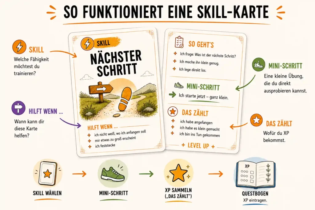 Die Grafik erklärt den Aufbau einer Skill-Karte und zeigt, wie sie durch kleine Schritte beim Lernen neuer Fähigkeiten unterstützt.