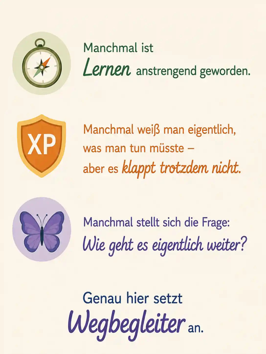 Die Grafik ordnet die drei Wegbegleiter-Angebote den Themen Lernen, Ziele erreichen und Orientierung zu.